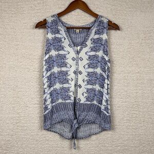 Lucky Brand‎ Top Womens Small Blue Geo Tie Front Boho Batik Button Up Tank Top